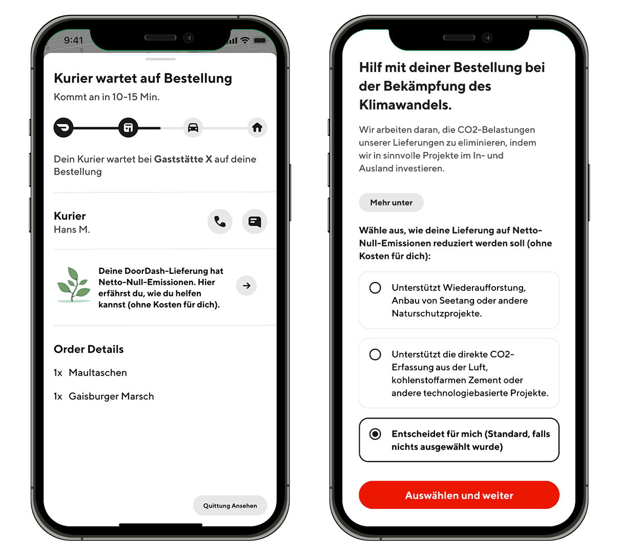 Two iPhones with screenshots of supporting carbon removal inside DoorDash