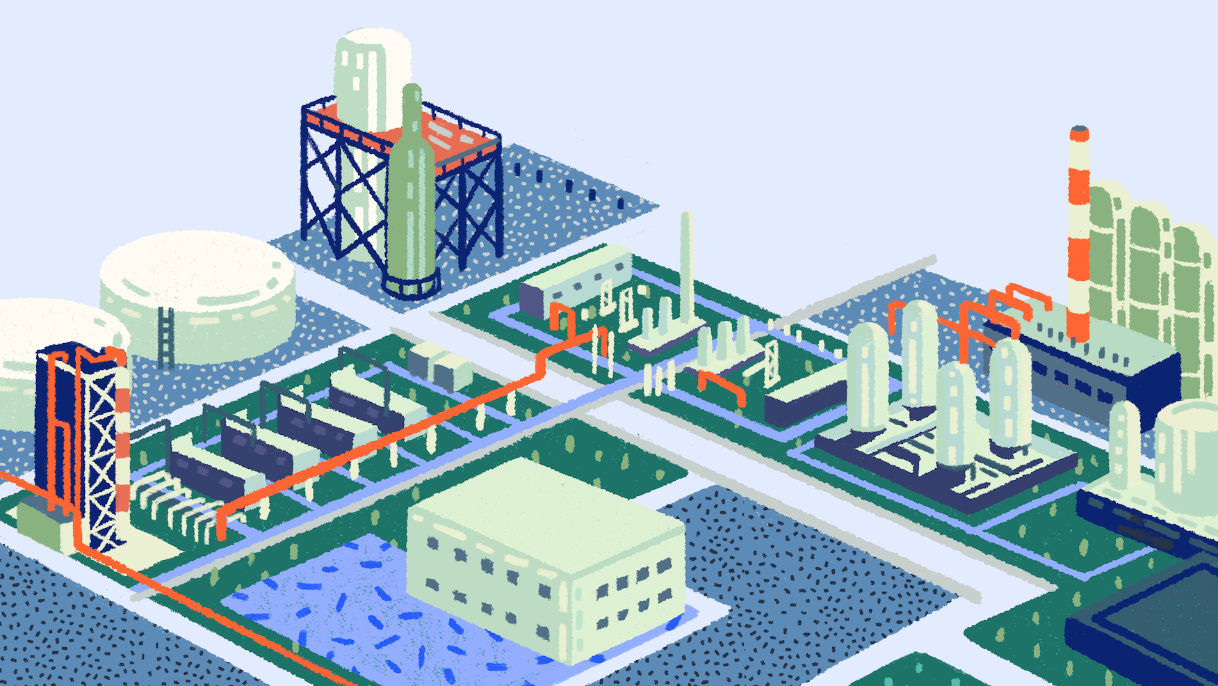 Illustration of factory with complex array of infrastructure